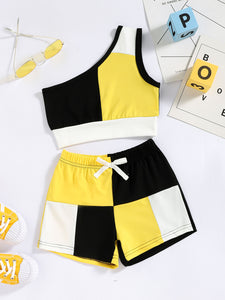 Girls Tricolor One-Shoulder Tank and Shorts Set