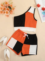 Load image into Gallery viewer, Girls Tricolor One-Shoulder Tank and Shorts Set
