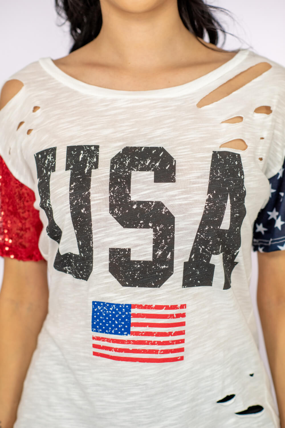 USA Sequin Graphic Distressed Tee