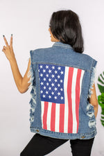 Load image into Gallery viewer, Hometown USA Flag Graphic Cutoff Denim Jacket
