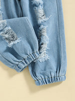 Load image into Gallery viewer, Girls Drawstring Detail Ribbed Cami and Distressed Jeans Set
