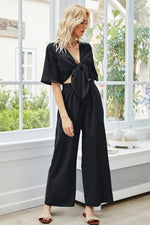 Load image into Gallery viewer, Tie Front Cutout Wide Leg Jumpsuit
