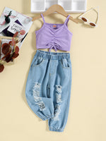 Load image into Gallery viewer, Girls Drawstring Detail Ribbed Cami and Distressed Jeans Set
