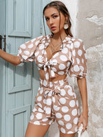 Load image into Gallery viewer, Polka Dot Tie Front Cropped Top and Shorts Set
