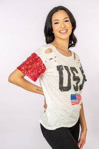 USA Sequin Graphic Distressed Tee