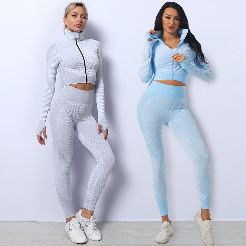 Workout Sets Women 3 Piece Legging Zip Crop Top Bra Anti-cellulite Leggings Seamless Suits Gym Outfits Casual Winter Tracksuit