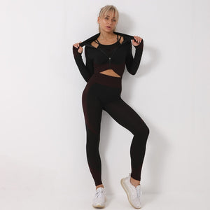 Workout Sets Women 3 Piece Legging Zip Crop Top Bra Anti-cellulite Leggings Seamless Suits Gym Outfits Casual Winter Tracksuit